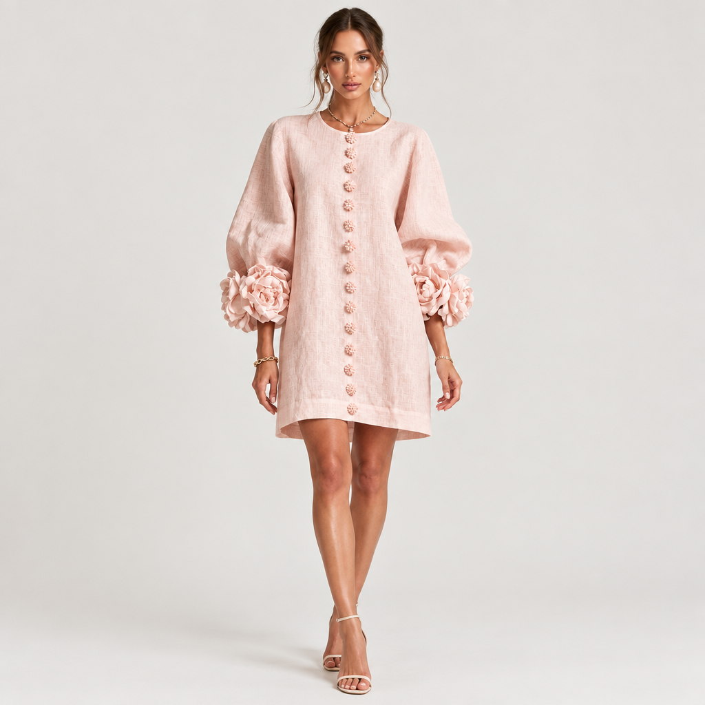 Woman wearing the Floral Button-Down Mini Dress