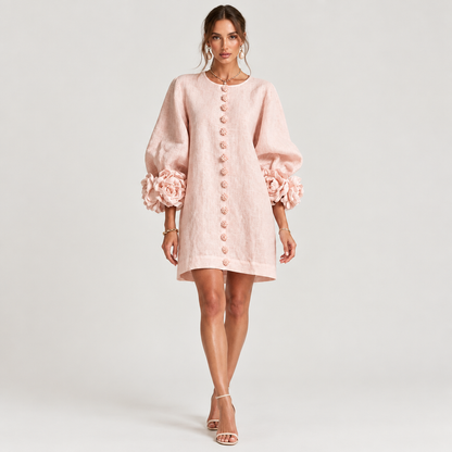 Woman wearing the Floral Button-Down Mini Dress