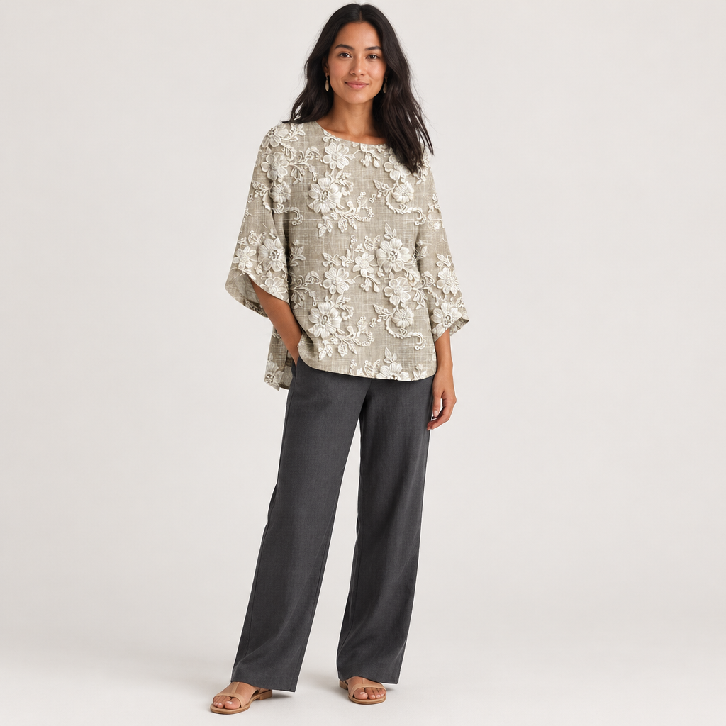 Model wearing Skyler Floral Lace Relaxed Blouse