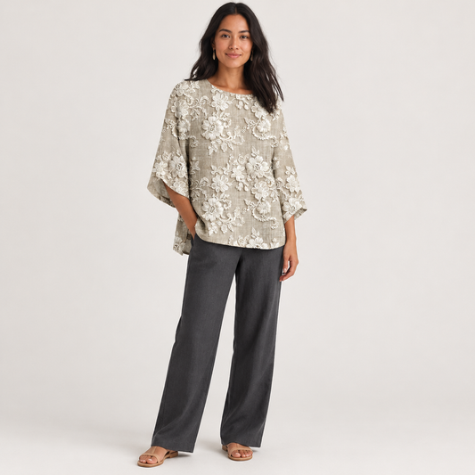 Model wearing Skyler Floral Lace Relaxed Blouse