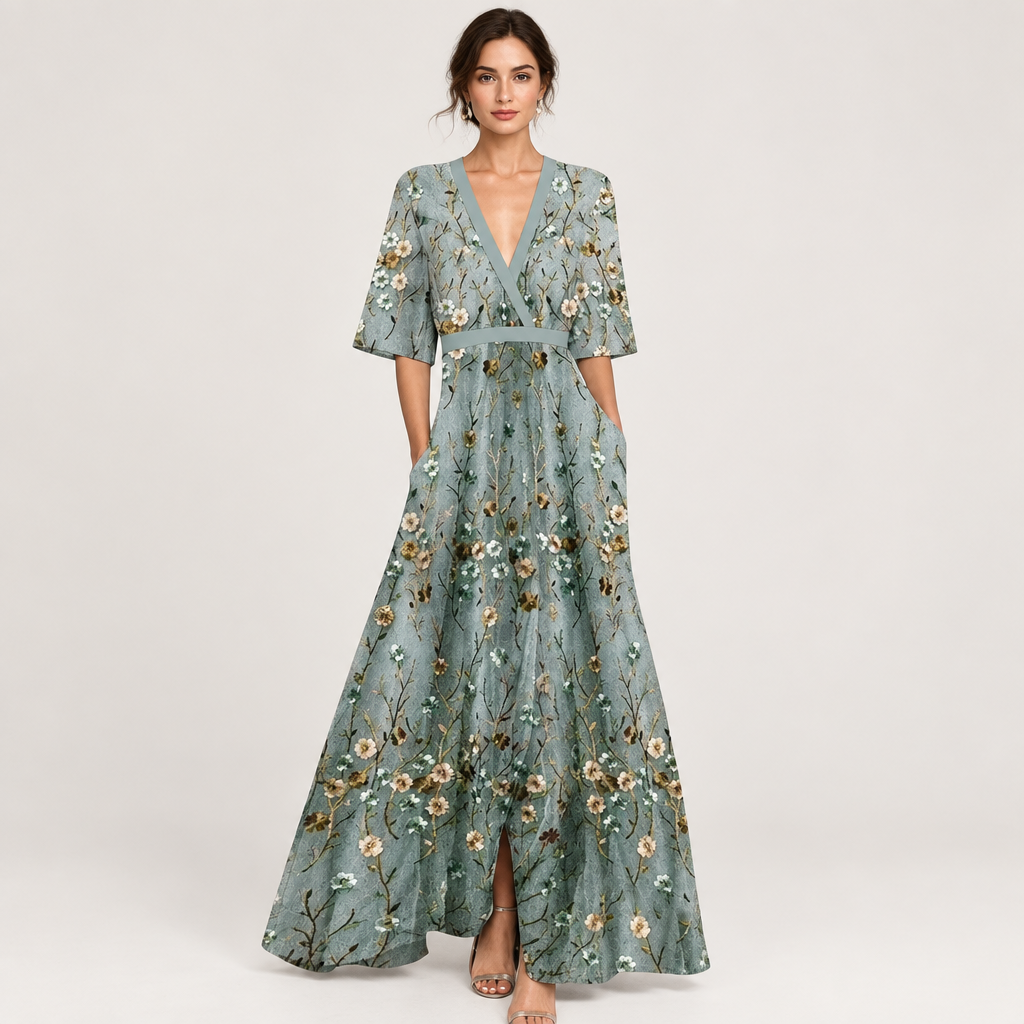 Woman wearing the Floral V-Neck Belted Boho Dress