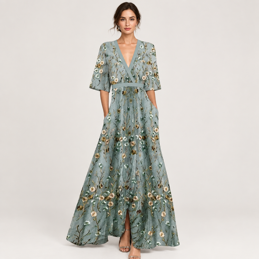 Woman wearing the Floral V-Neck Belted Boho Dress