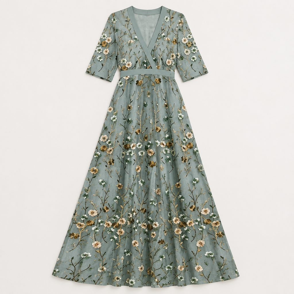 Floral V-Neck Belted Boho Dress, flat lay