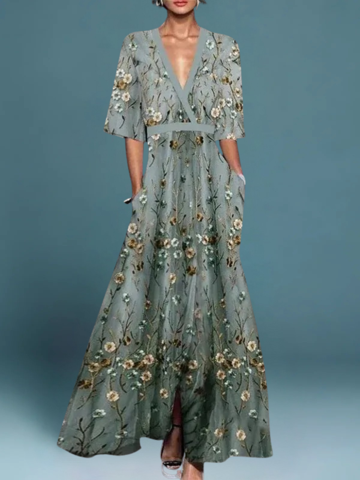 Floral V-Neck Belted Boho Dress, view 3