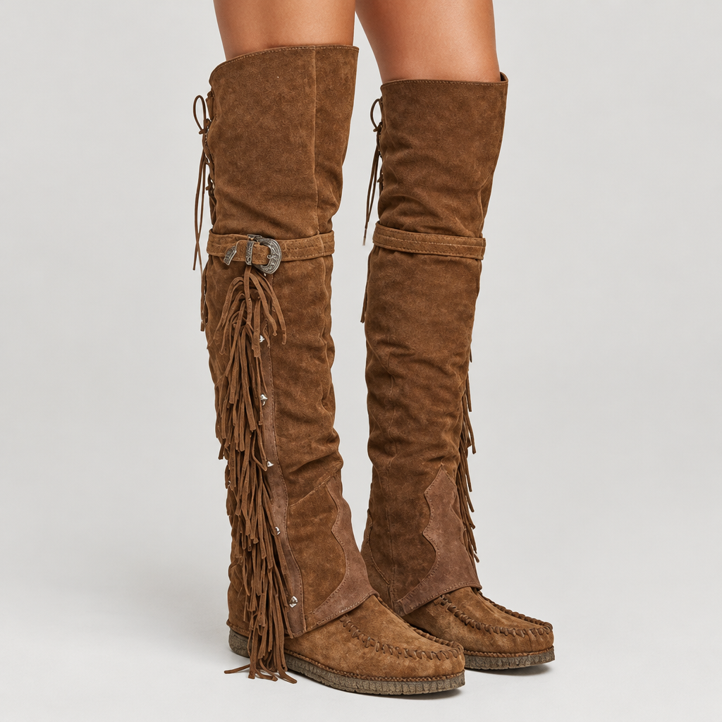 Woman wearing Skyler Fringe Suede Over-the-Knee Boots