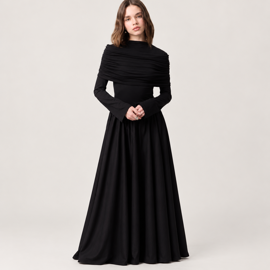 Skyler Full-Skirt Long Dress in Black worn by a model