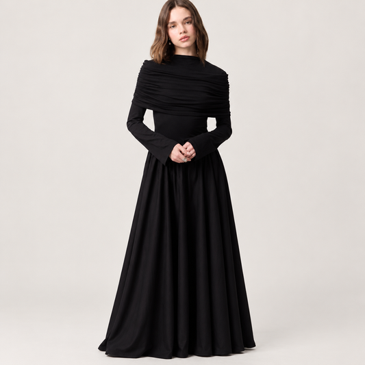 Skyler Full-Skirt Long Dress in Black worn by a model