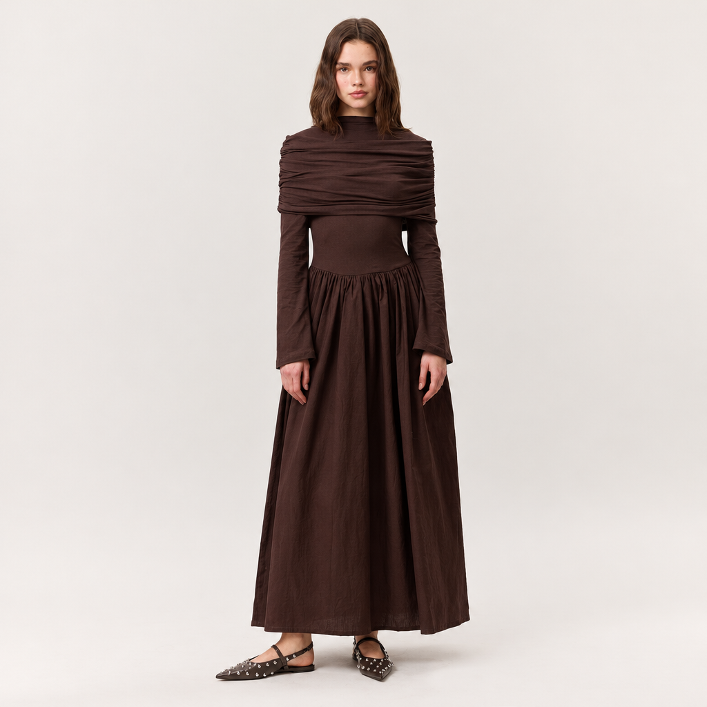 Skyler Full-Skirt Long Dress in Brown worn by a model