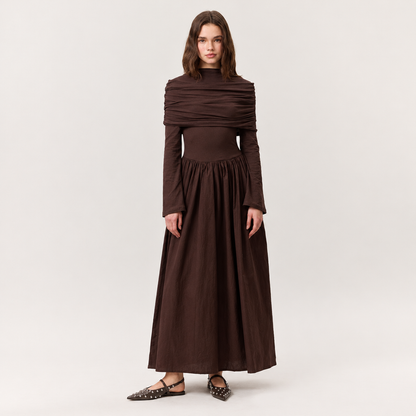 Skyler Full-Skirt Long Dress in Brown worn by a model