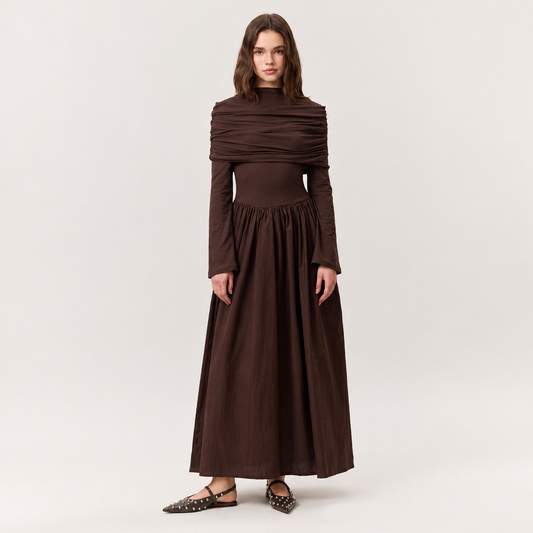 Skyler Full-Skirt Long Dress in Brown worn by a model