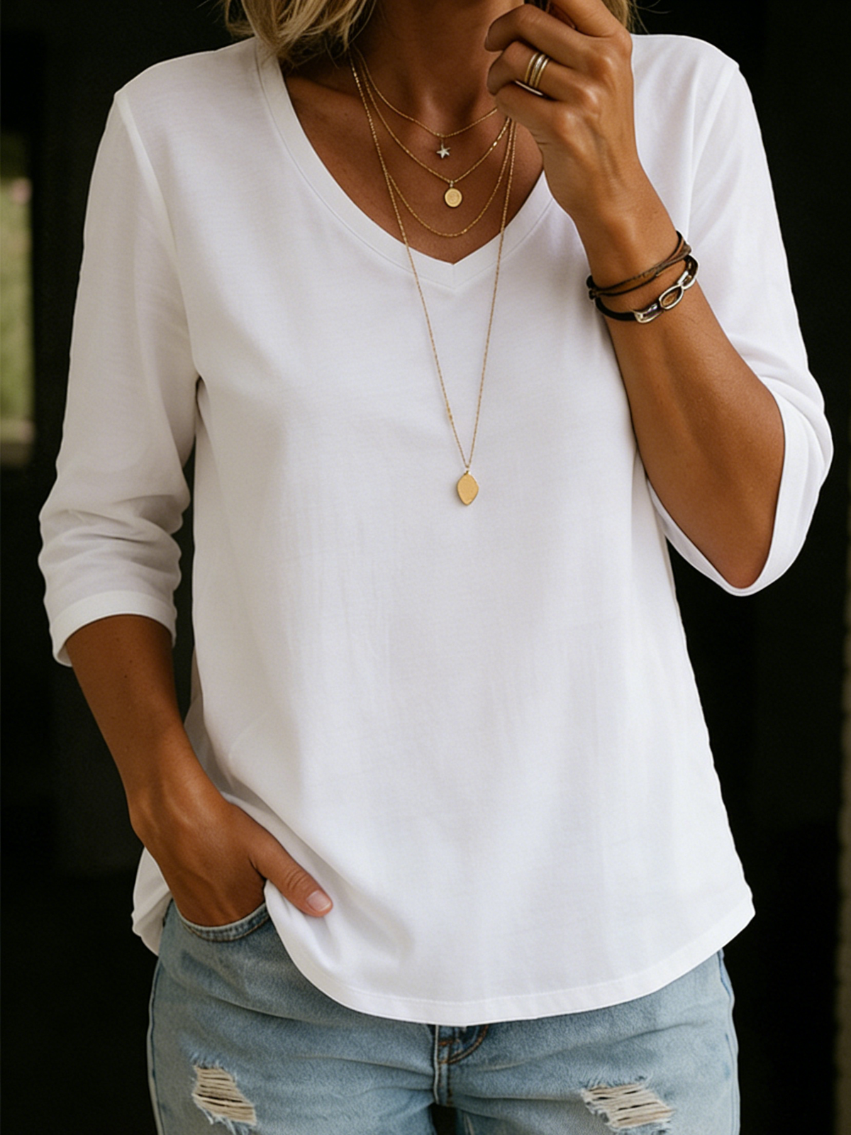 Half sleeve V-neck cotton T-shirt