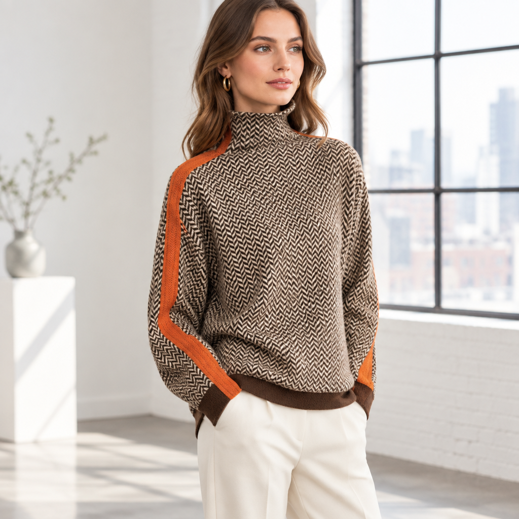 Woman wearing the Skyler Herringbone Turtleneck Sweater