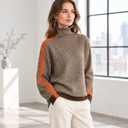 Woman wearing the Skyler Herringbone Turtleneck Sweater