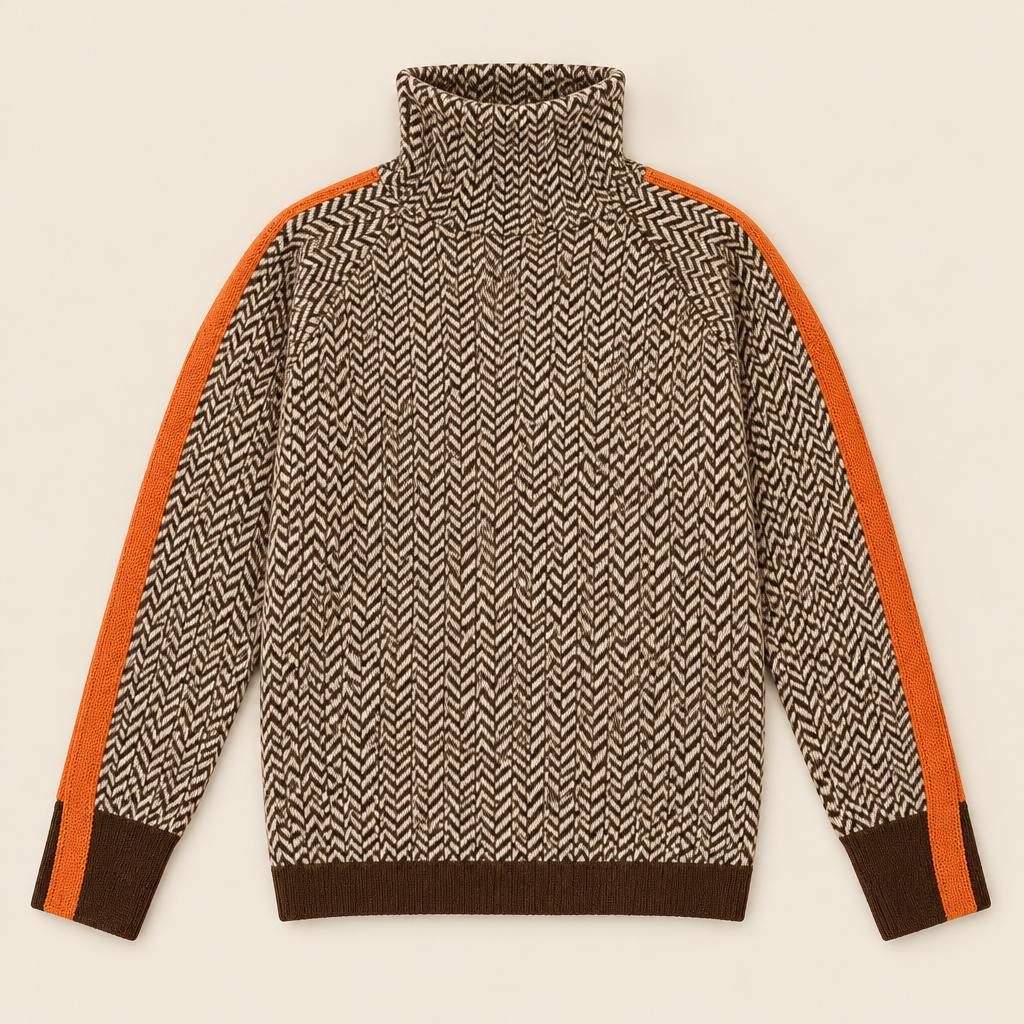 Skyler Herringbone Turtleneck Sweater with contrast sleeve trim