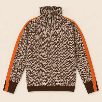 Skyler Herringbone Turtleneck Sweater with contrast sleeve trim