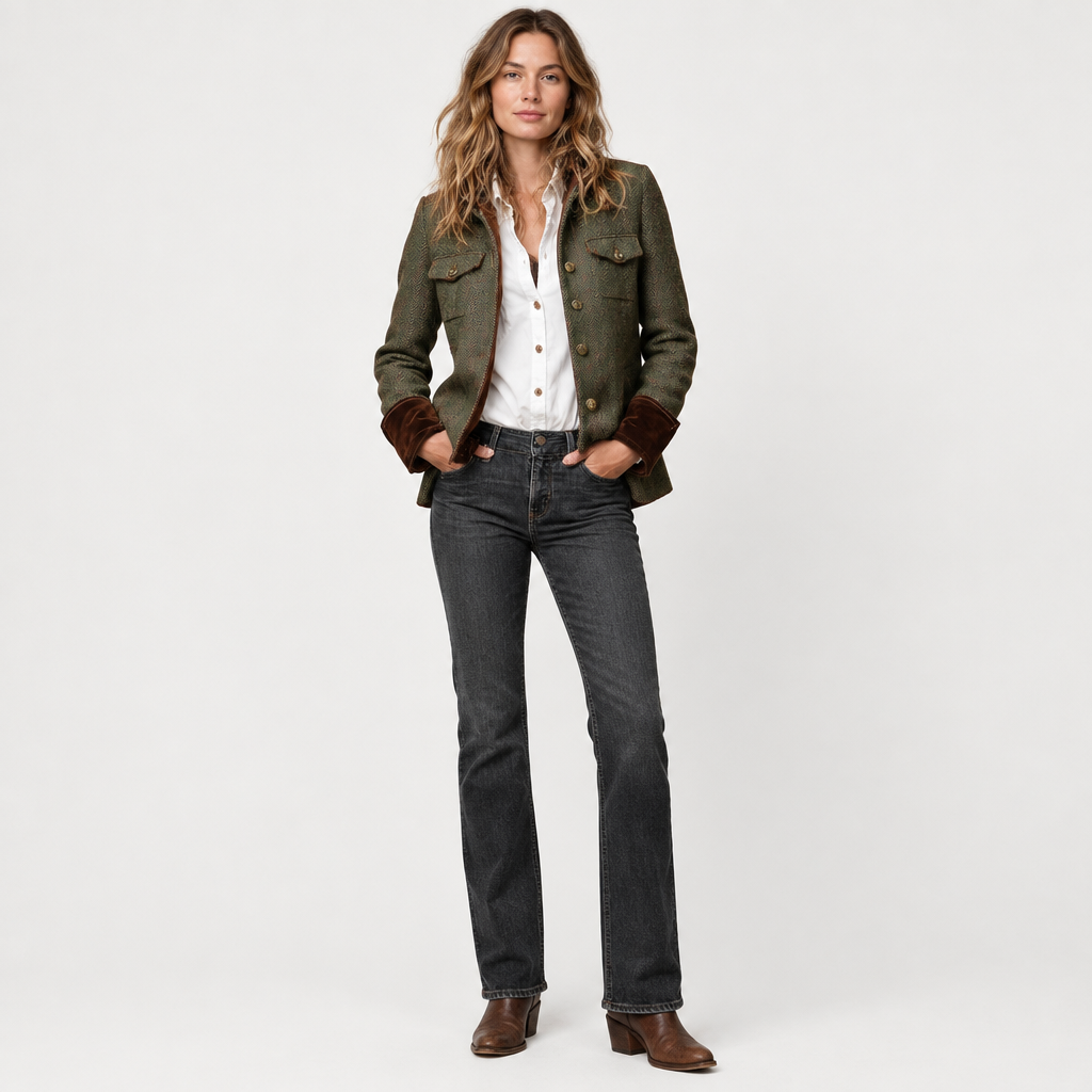 Woman wearing the Herringbone Tweed Jacket