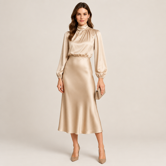 Woman wearing the High Neck Satin Midi Dress