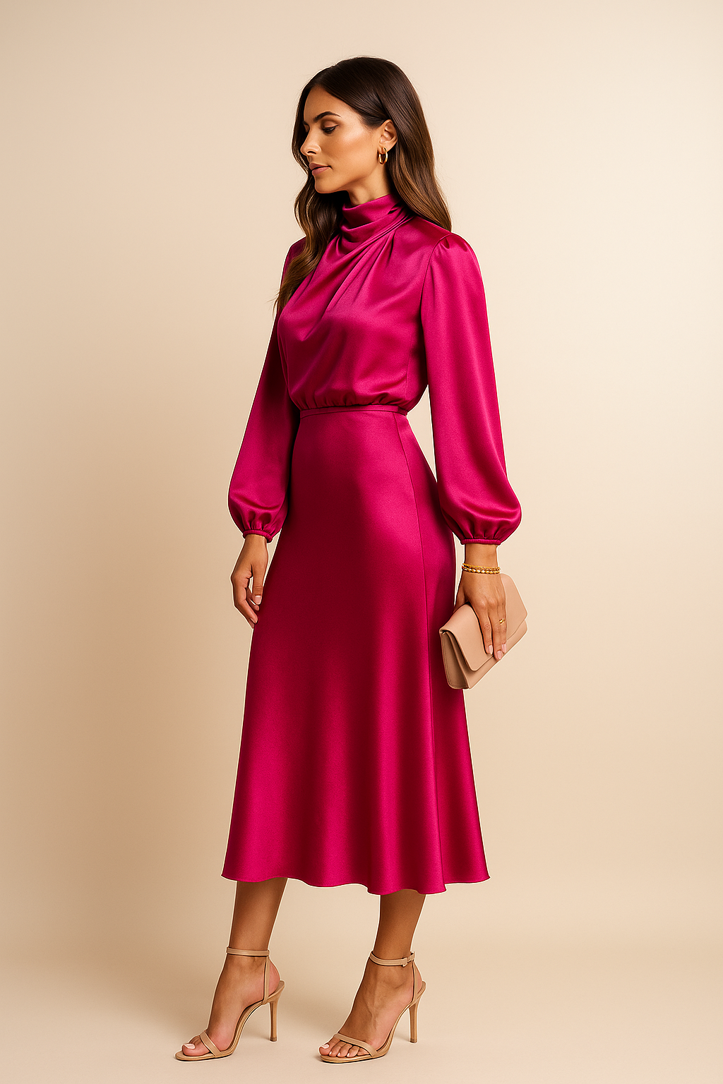 High Neck Satin Midi Dress, view 11