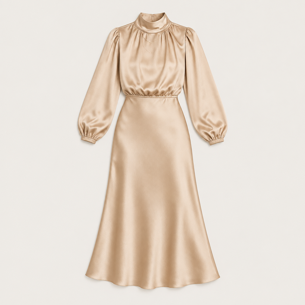 High Neck Satin Midi Dress, flat lay