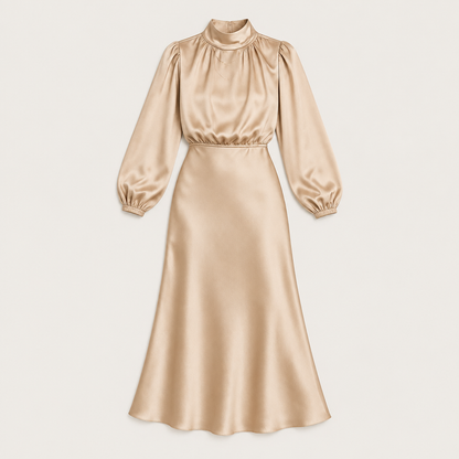 High Neck Satin Midi Dress, flat lay