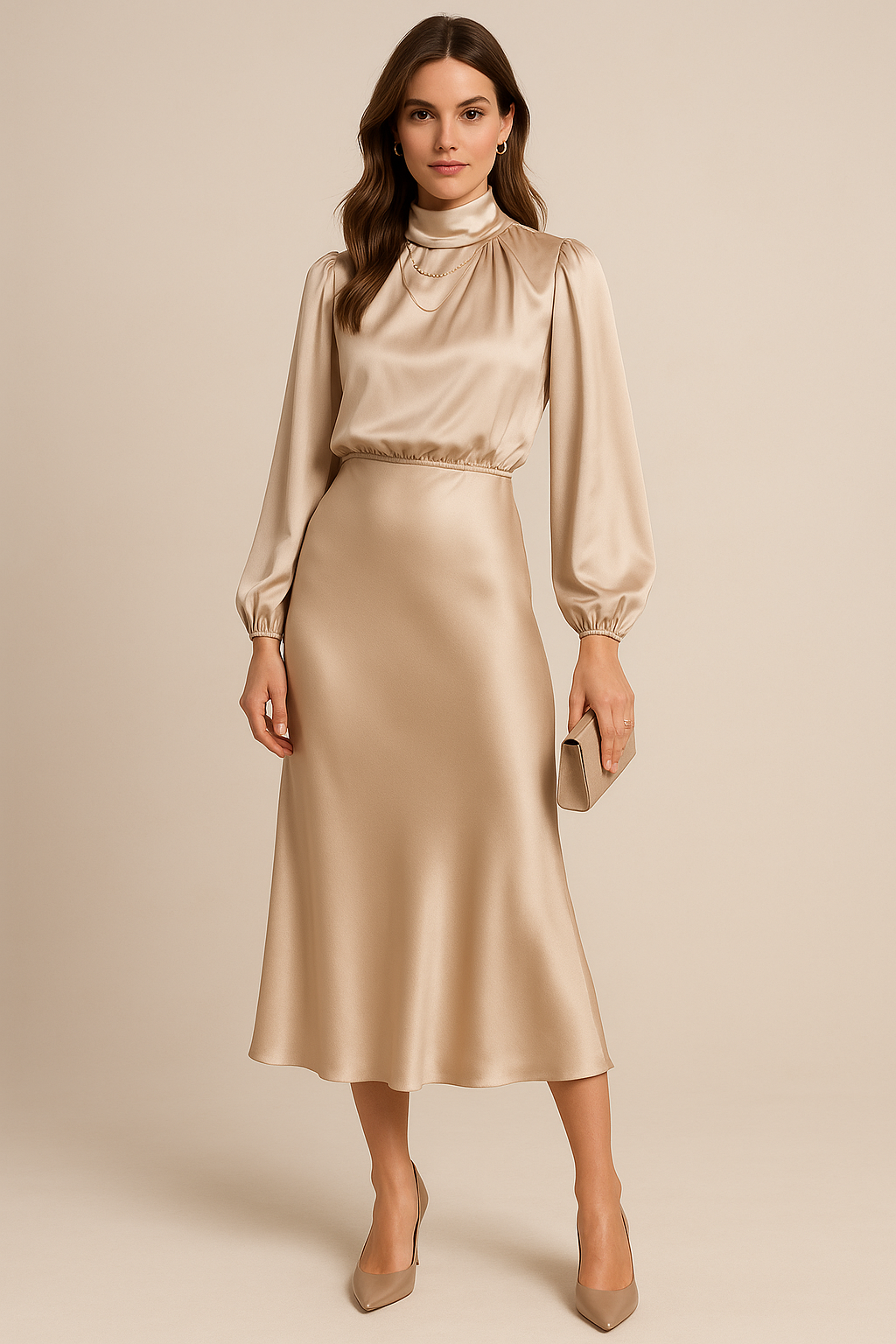 High Neck Satin Midi Dress, view 3