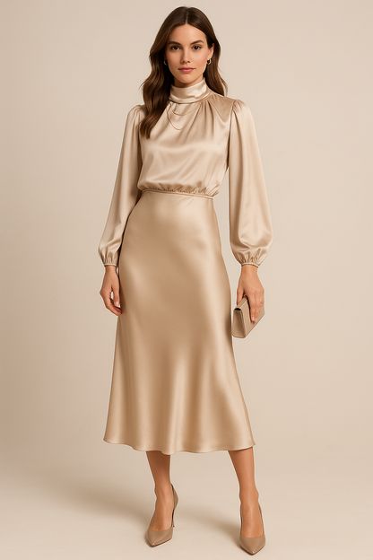 High Neck Satin Midi Dress, view 3
