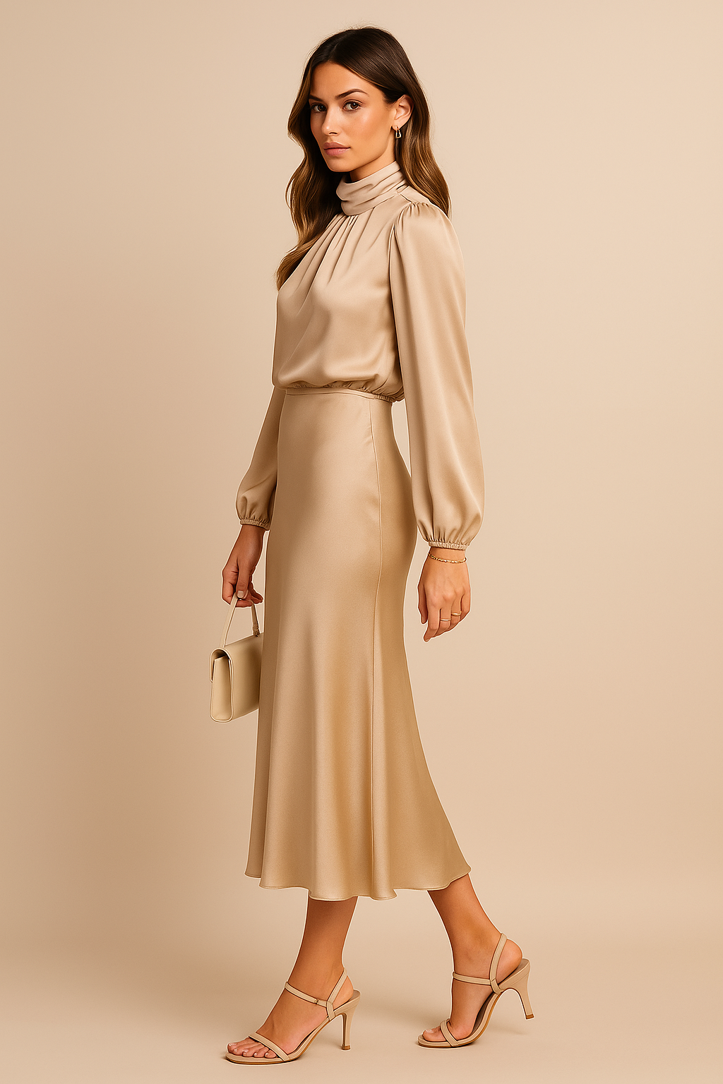 High Neck Satin Midi Dress, view 4