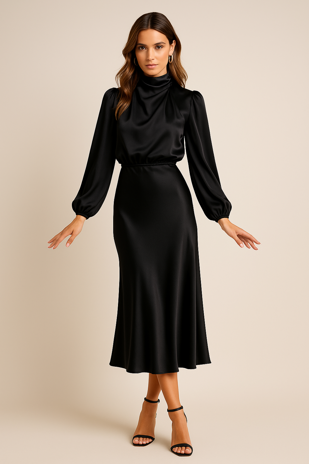 High Neck Satin Midi Dress, view 5