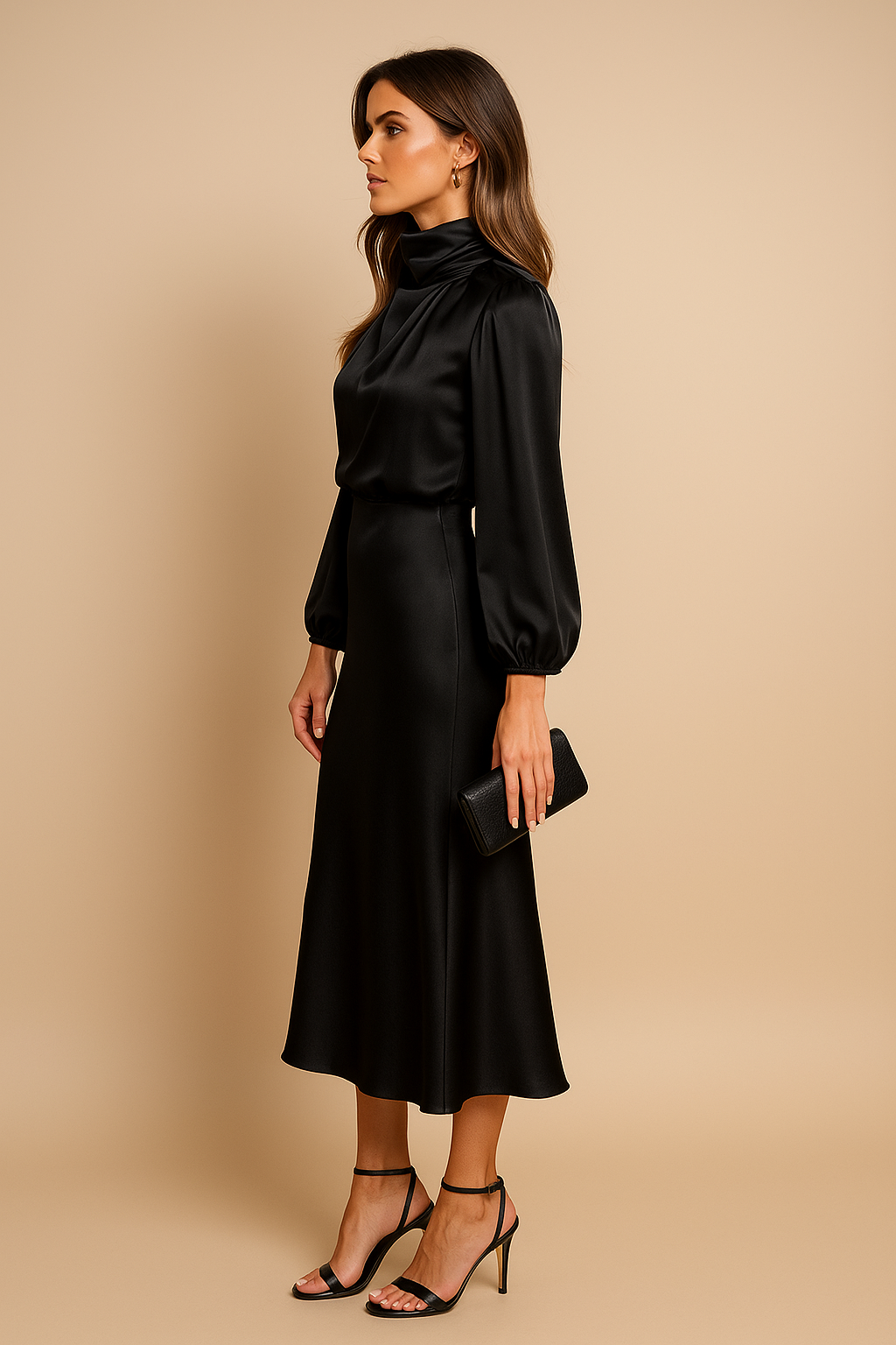 High Neck Satin Midi Dress, view 6