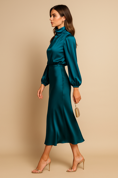 High Neck Satin Midi Dress, view 7