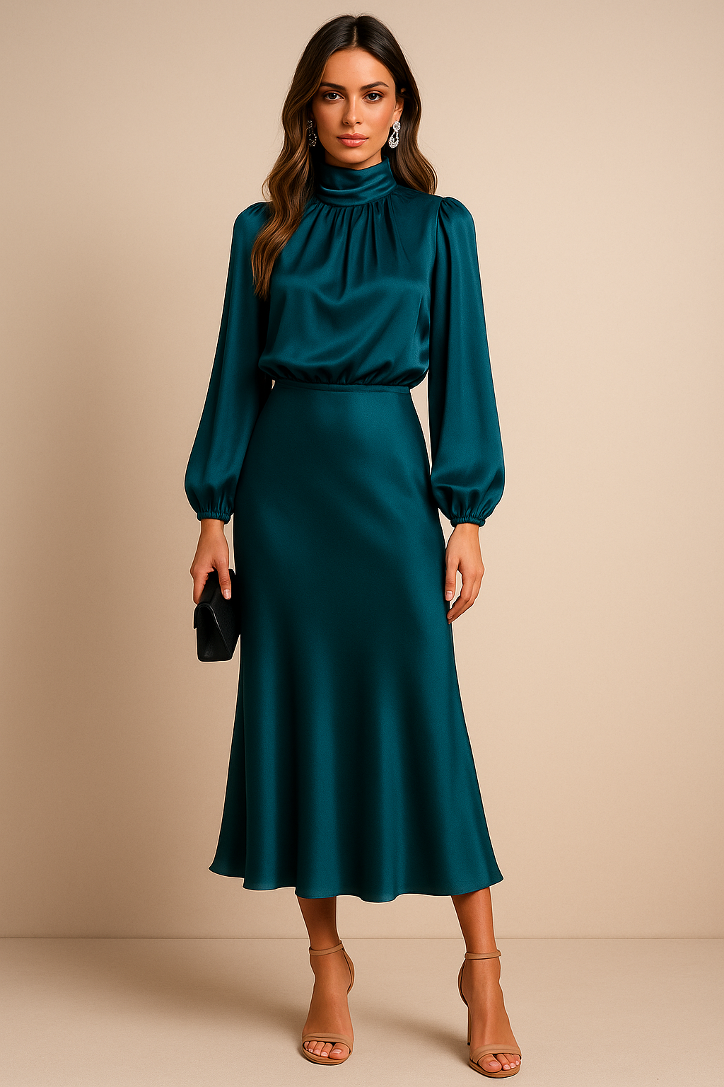 High Neck Satin Midi Dress, view 8