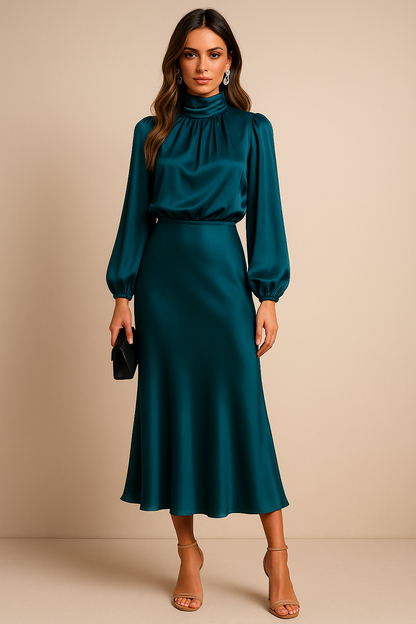 High Neck Satin Midi Dress, view 8