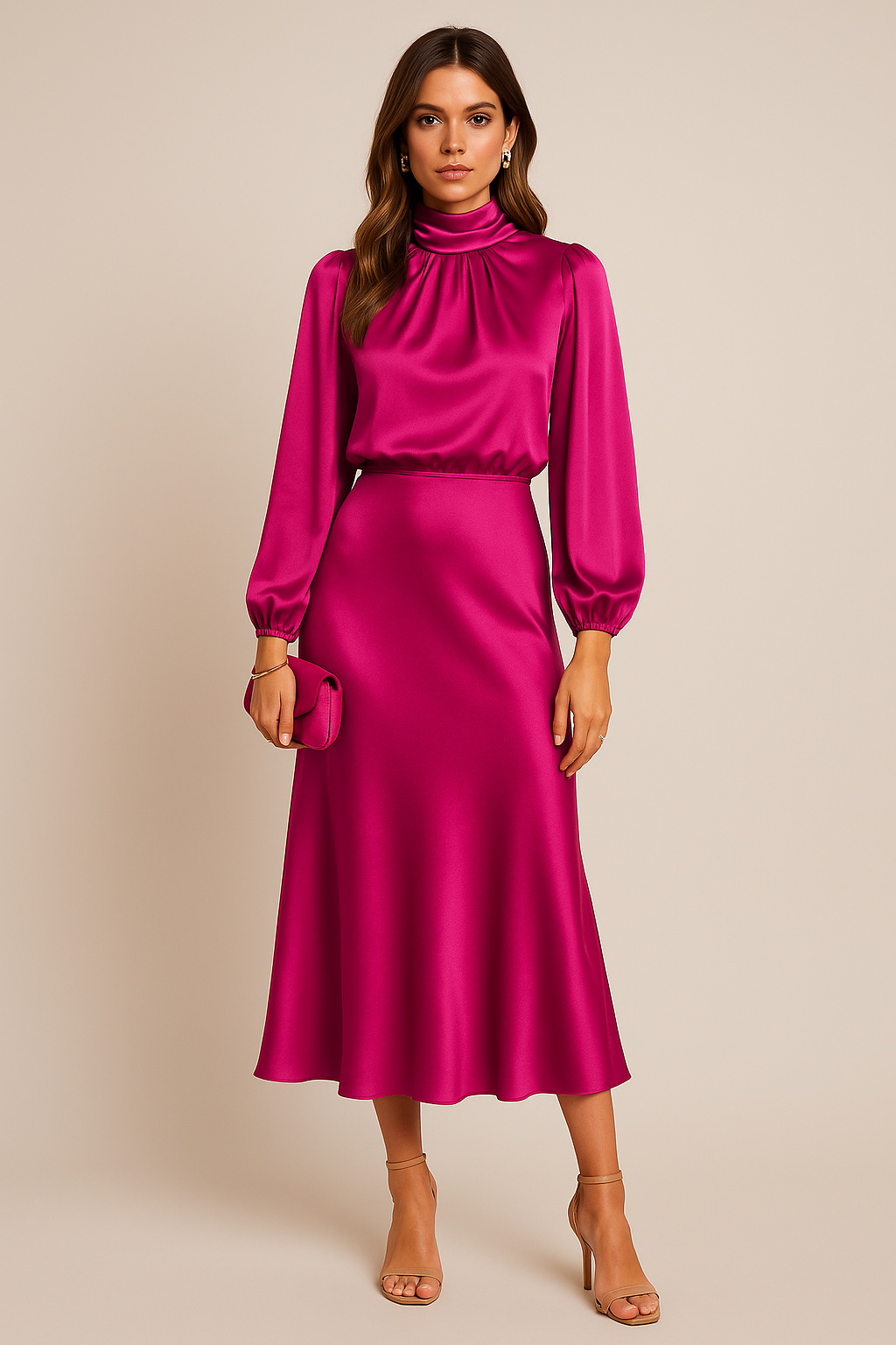 High Neck Satin Midi Dress, view 9