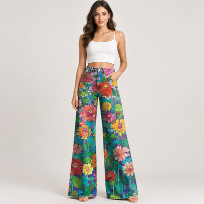 Model wearing Skyler High Waist Floral Palazzo Pants