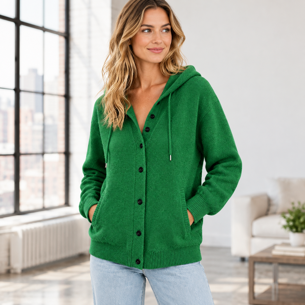Woman wearing the Skyler Hooded Button Knit Cardigan