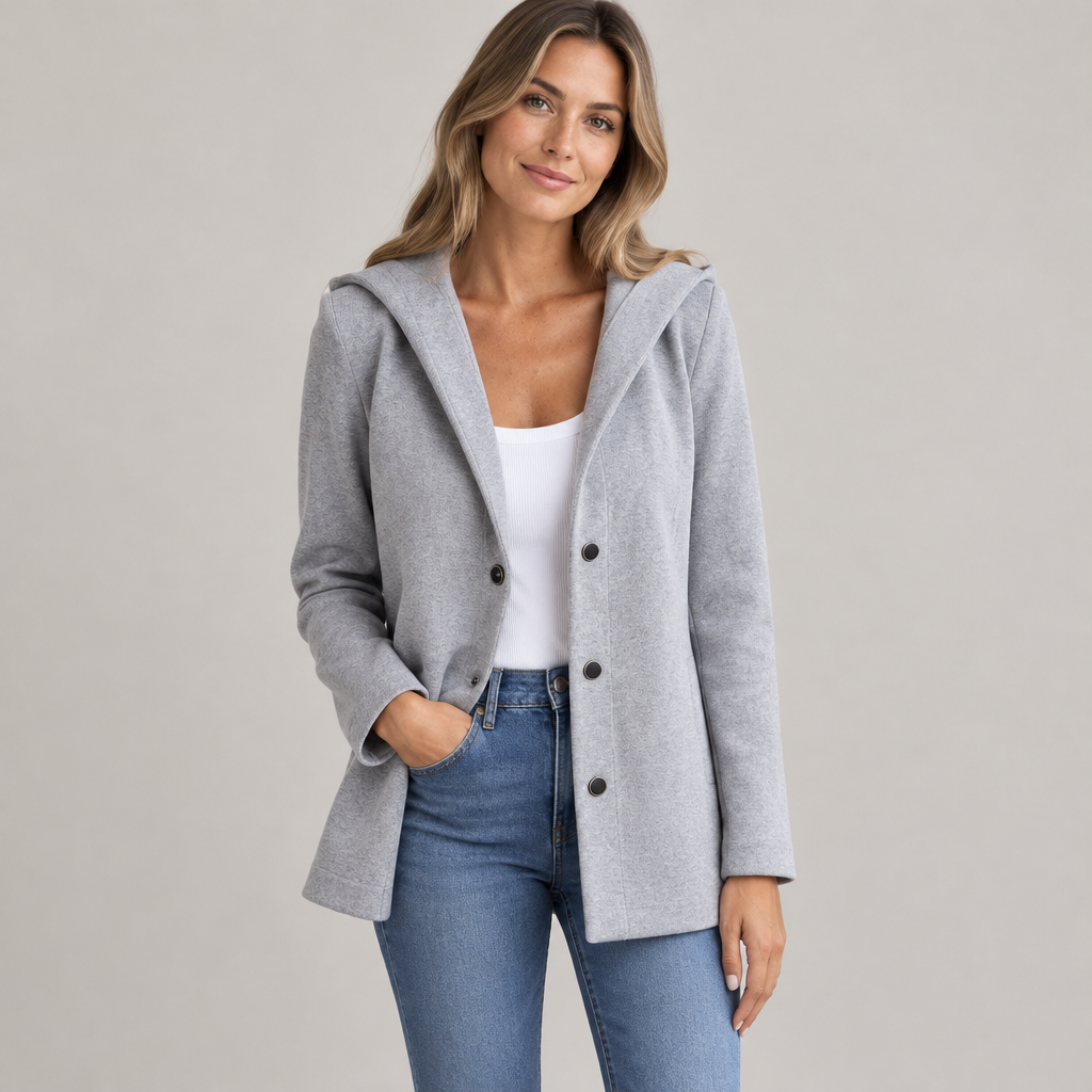 Woman wearing the Skyler Hooded Single-Breasted Blazer