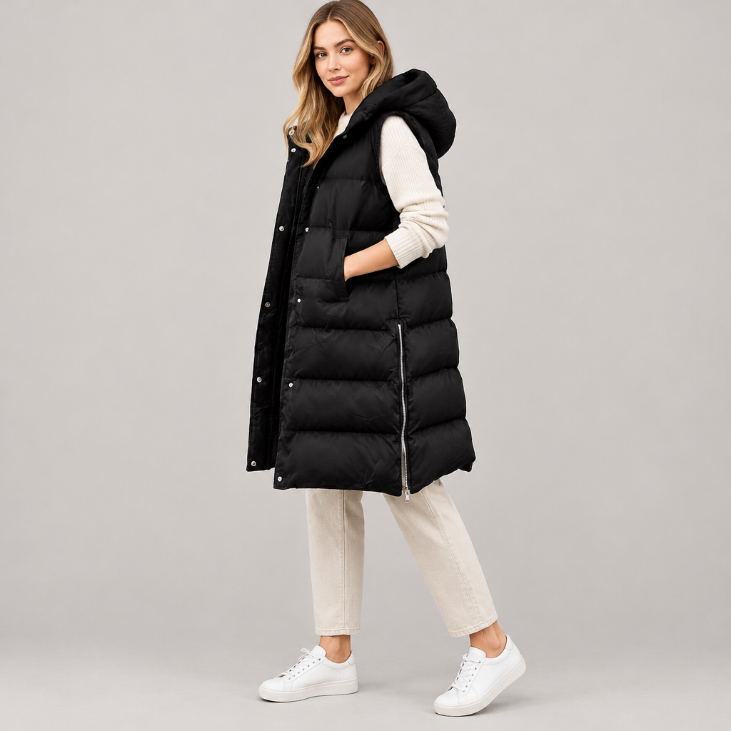 Skyler Hooded Sleeveless Button Vest worn by a model