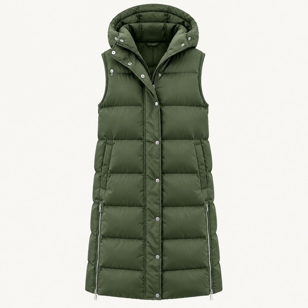 Skyler Hooded Sleeveless Button Vest in Olive Green