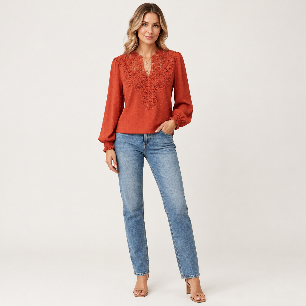 Model wearing Skyler Lace Trim V-Neck Blouse