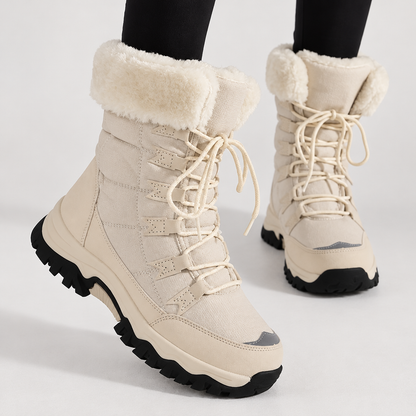Woman wearing Skyler Lace-Up Faux Fur Snow Boots