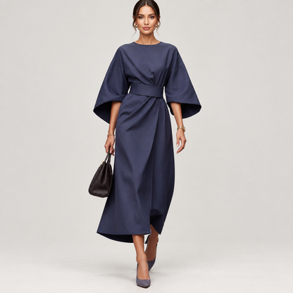 Woman wearing the Lantern Sleeve Belted Dress