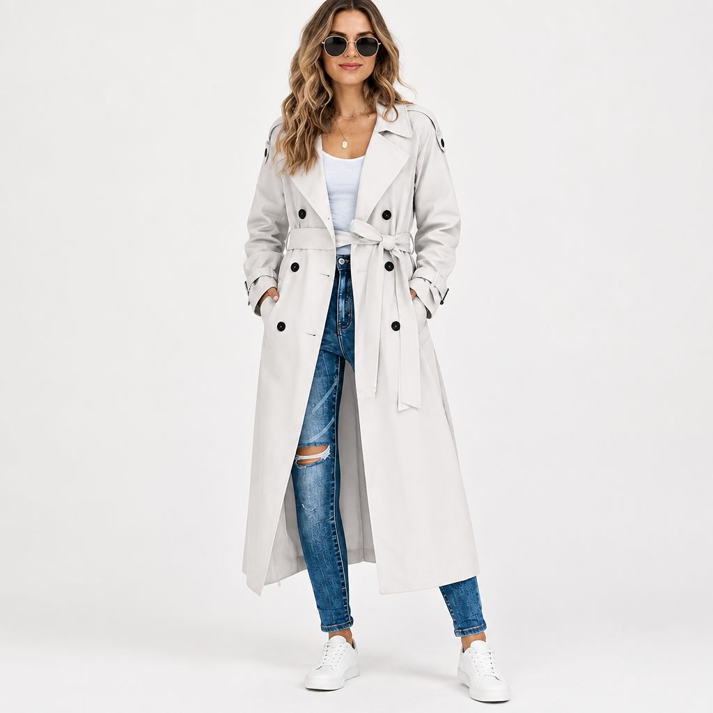Woman wearing the Long Belted Trench Coat