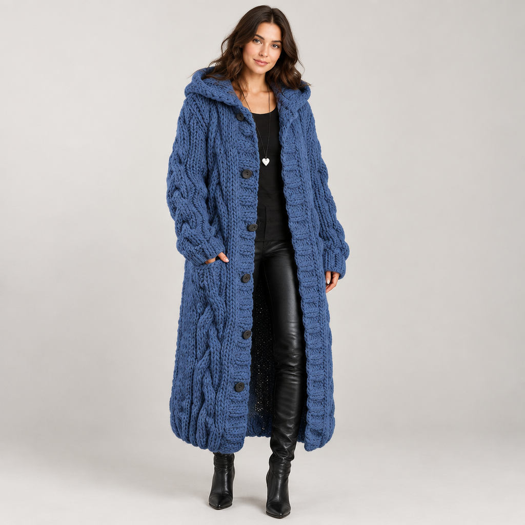 Woman wearing the Long Hooded Cable Knit Cardigan
