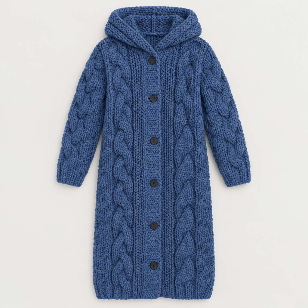 Long Hooded Cable Knit Cardigan, flat lay