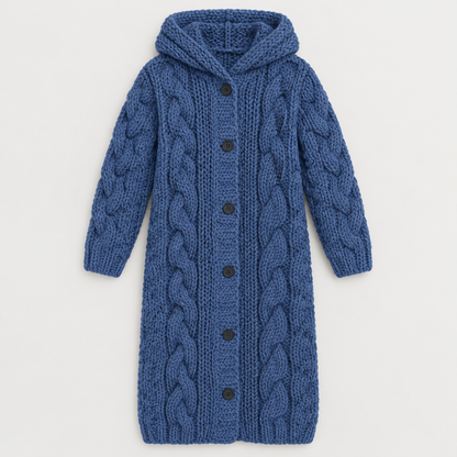 Long Hooded Cable Knit Cardigan, flat lay