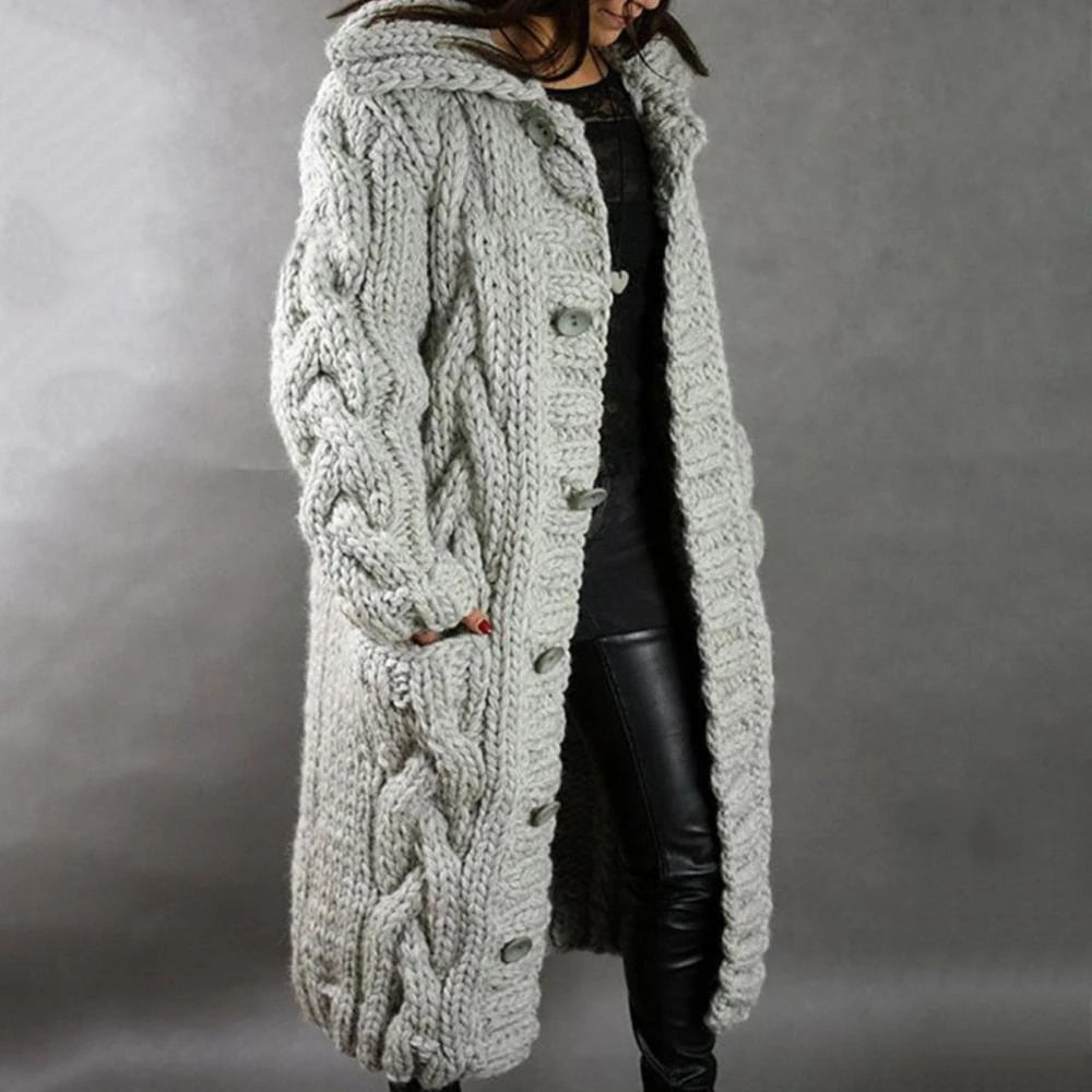 Long Hooded Cable Knit Cardigan, view 4