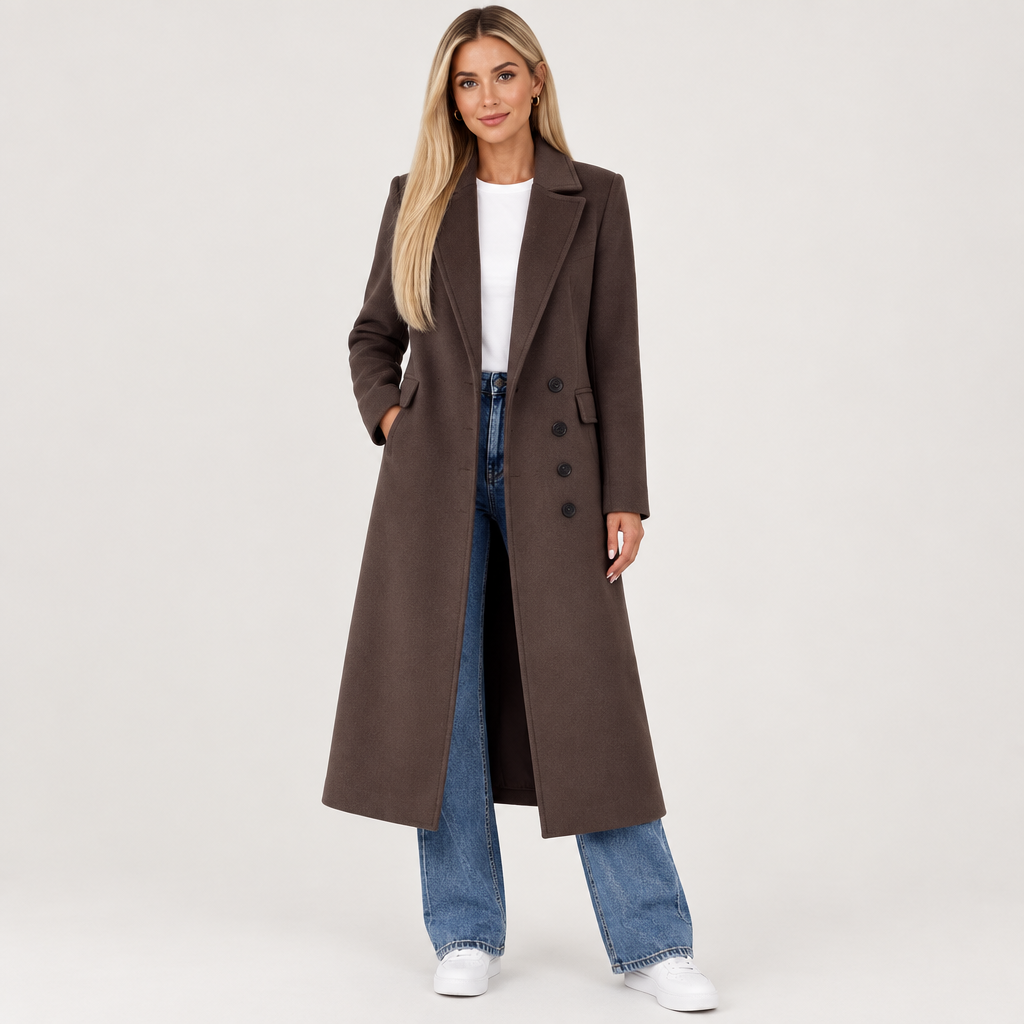 Woman wearing the Long Lapel Button Coat
