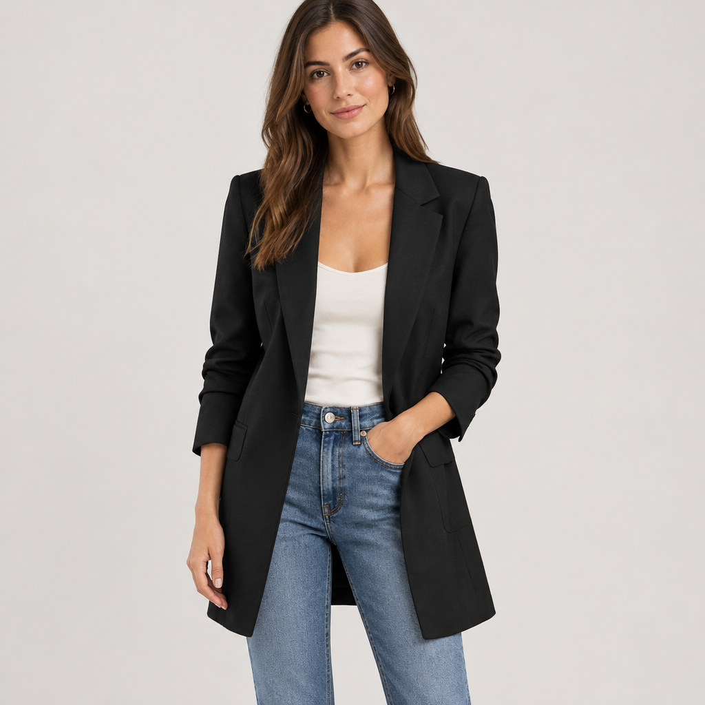 Skyler Long Open-Front Blazer worn by a model