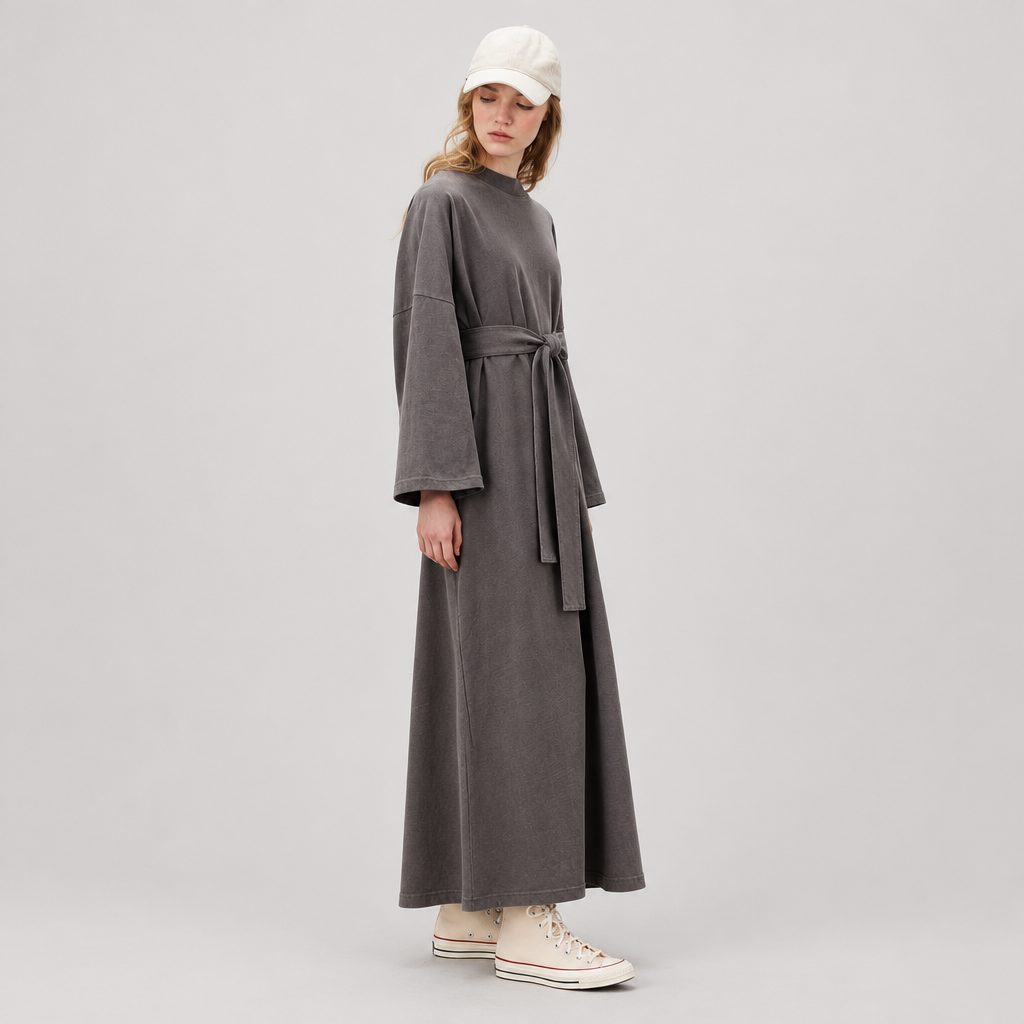 Skyler Long Oversized Cotton Dress in Anthracite worn by a model