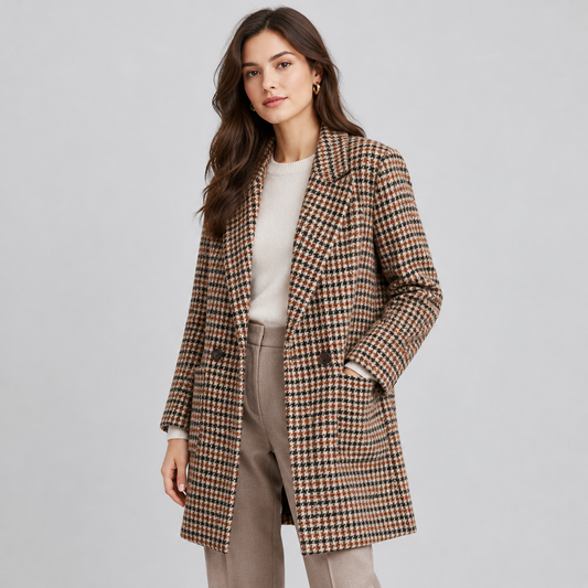 Skyler Long Plaid Blazer worn by a model